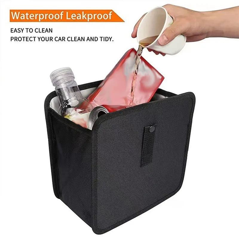 Car Trash Can with Storage Waterproof Bag with Mesh Pocket Black-3